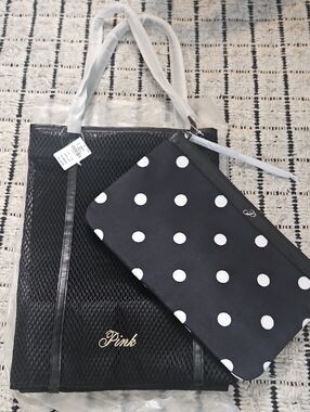 Victoria's Secret PINK Black Mesh Tote Bag & Makeup Pouch Set Polka Dot NEW